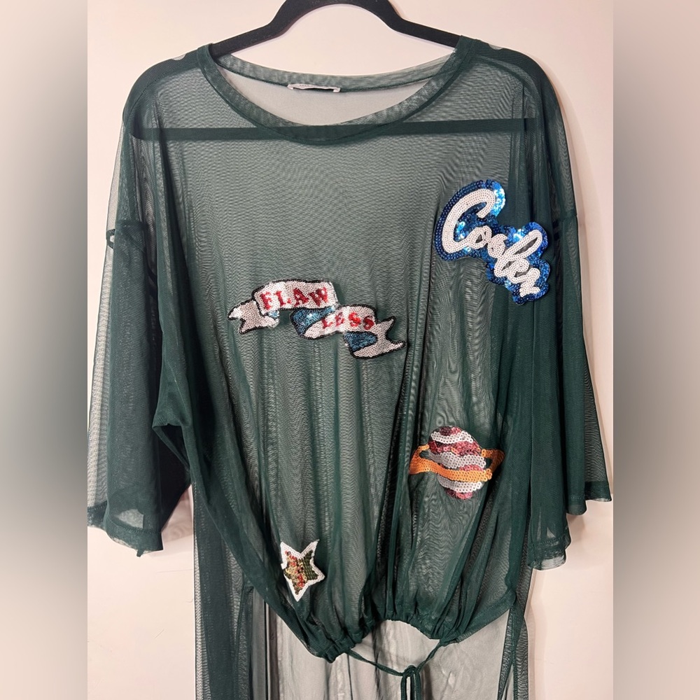 H&M Sheer hunter green Shirt with sequin patches